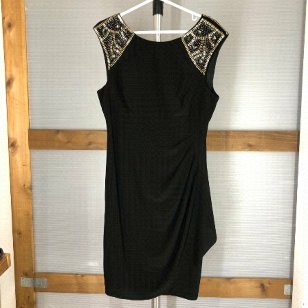XSCAPE Black Embellished Shoulder Ruched Sleeveless Dress‎ Sz 14